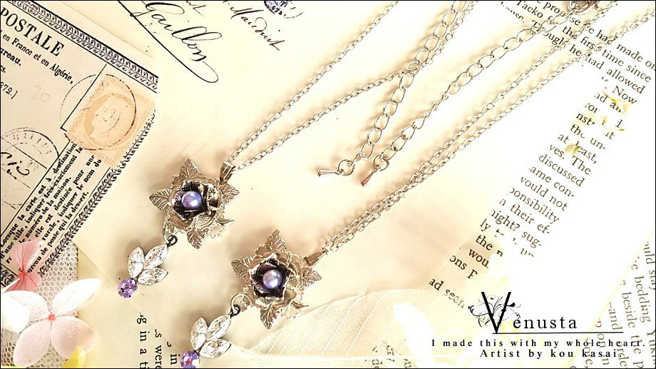 *優雅なクリスタル×ヴァイオレット-ヴィンテージガラスのシンプルネックレス-*