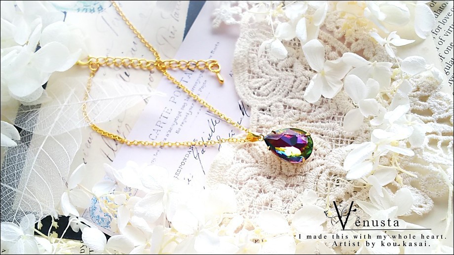 *虹色雫のネックレス-ヴィトレイルガラスストーン-*