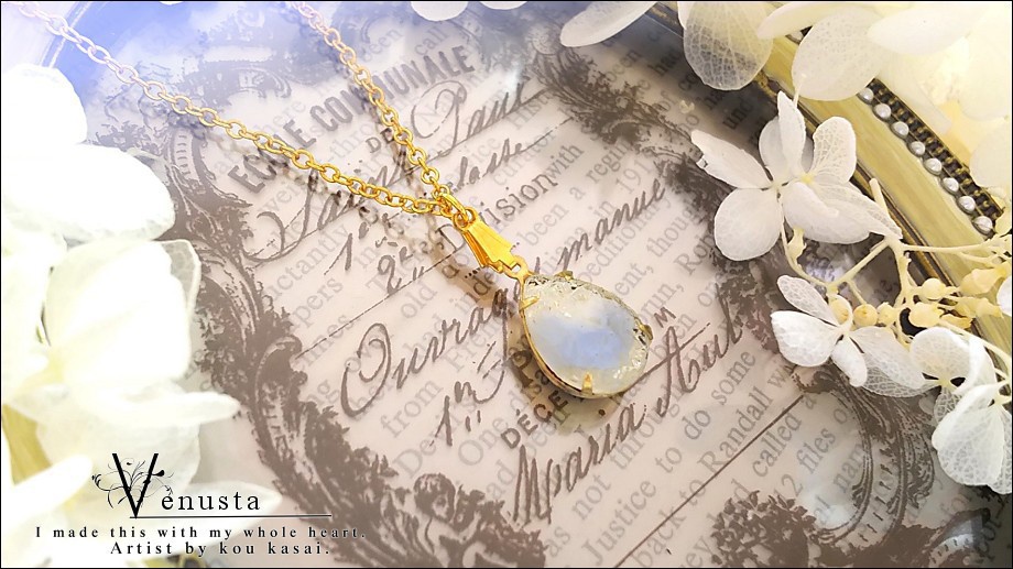 *涼やかブルーグレーギブレのネックレス-ヴィンテージガラス-*