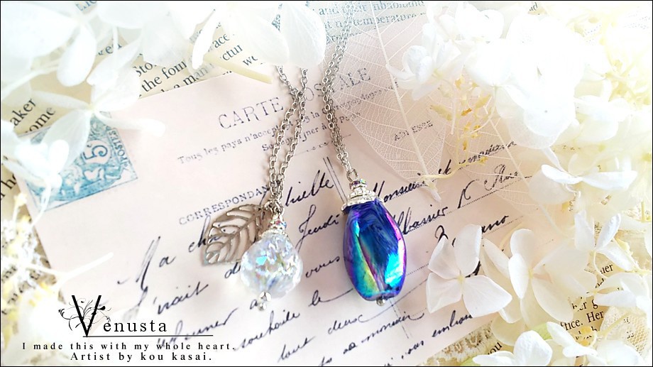 *セット/夏色ガラスと虹色ロックアイスのネックレス-ヴィンテージ-*