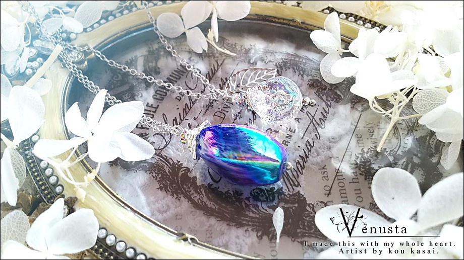 *セット/夏色ガラスと虹色ロックアイスのネックレス-ヴィンテージ-*