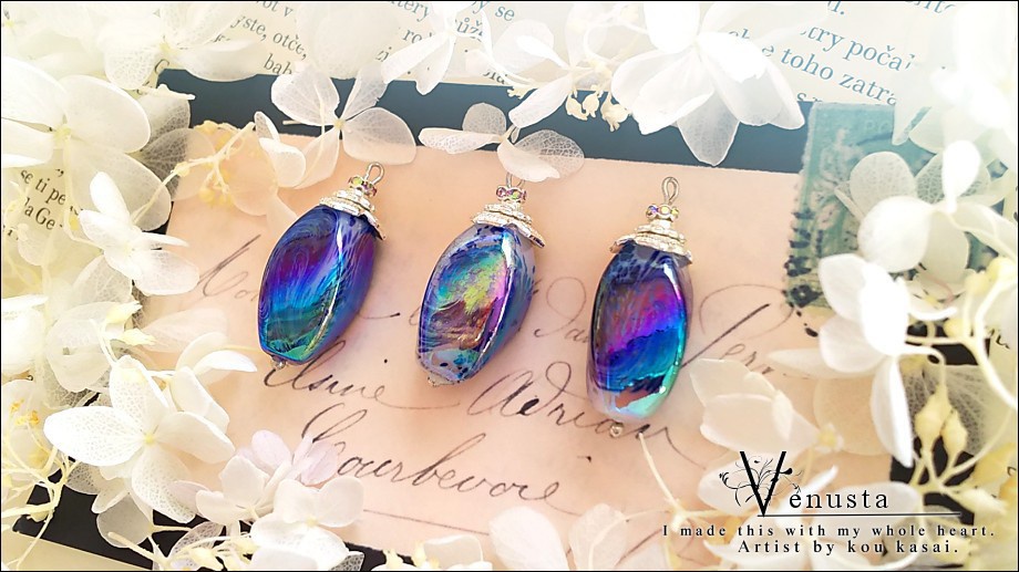 *セット/夏色ガラスと虹色ロックアイスのネックレス-ヴィンテージ-*