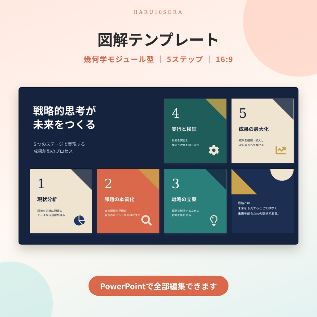 図解テンプレート PowerPoint｜幾何学モジュール型 5ステップ（16:9・編集可）