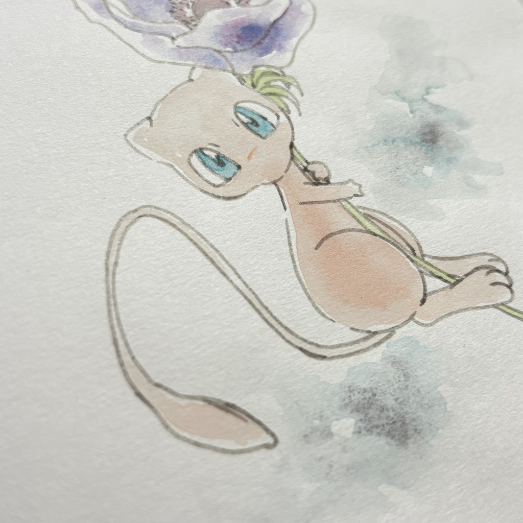 ミュウとアネモネ 手描きイラスト