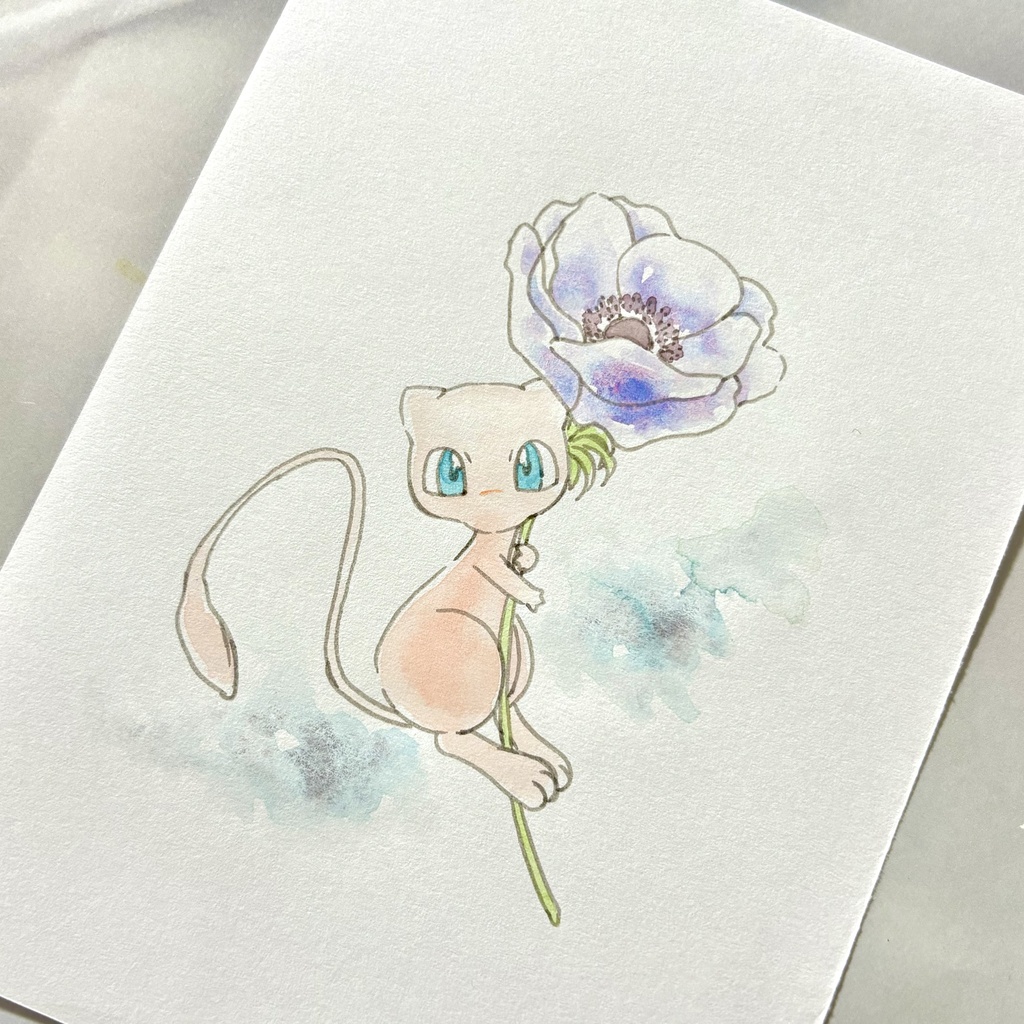ミュウとアネモネ 手描きイラスト