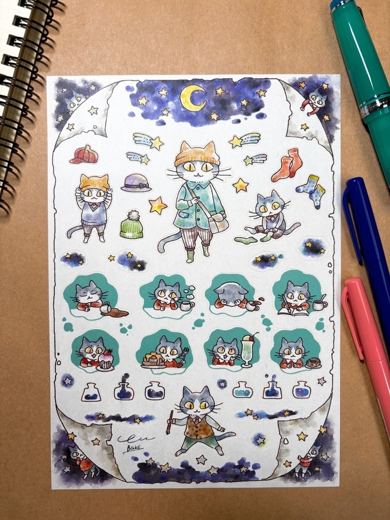 ねこと夜インクのシール【２枚セット】