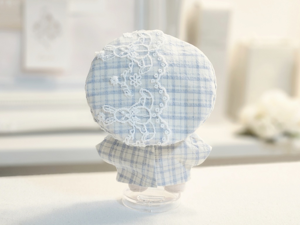 13cm ぬい服 帽子 リボンとハートのレース×ブルーチェック