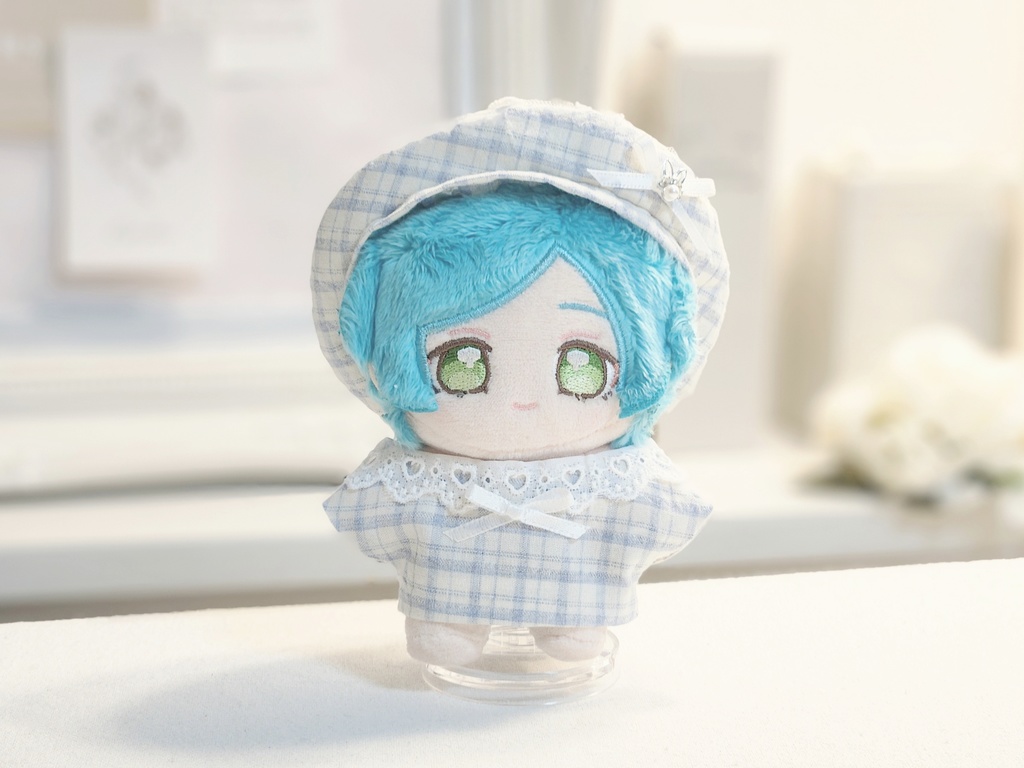 13cm ぬい服 帽子 リボンとハートのレース×ブルーチェック