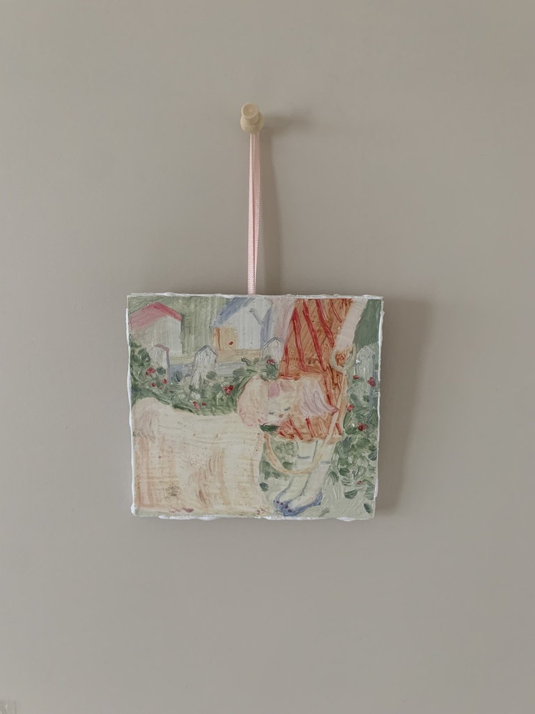 ピンクの犬と歩く