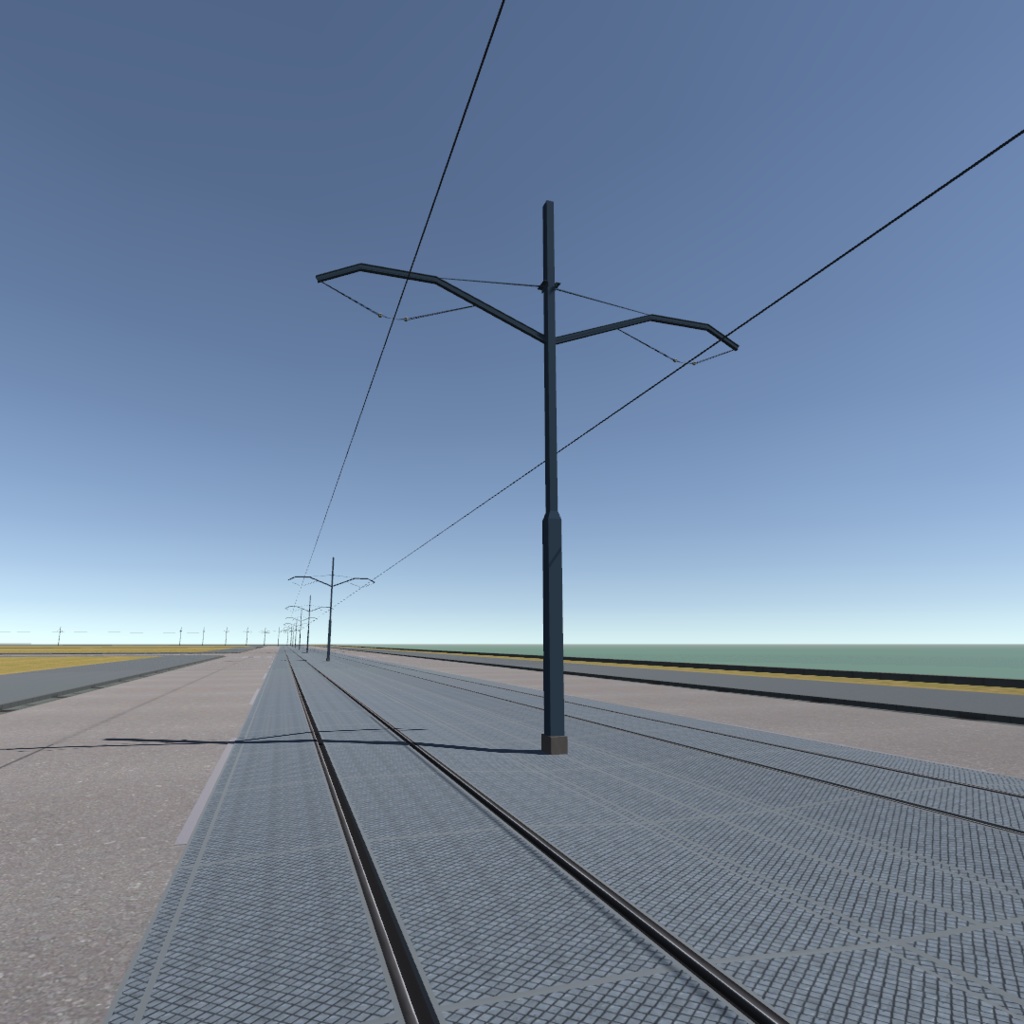 【3Dモデル】路面電車・LRTなどの路面軌道（石畳のレール・架線・架線柱）