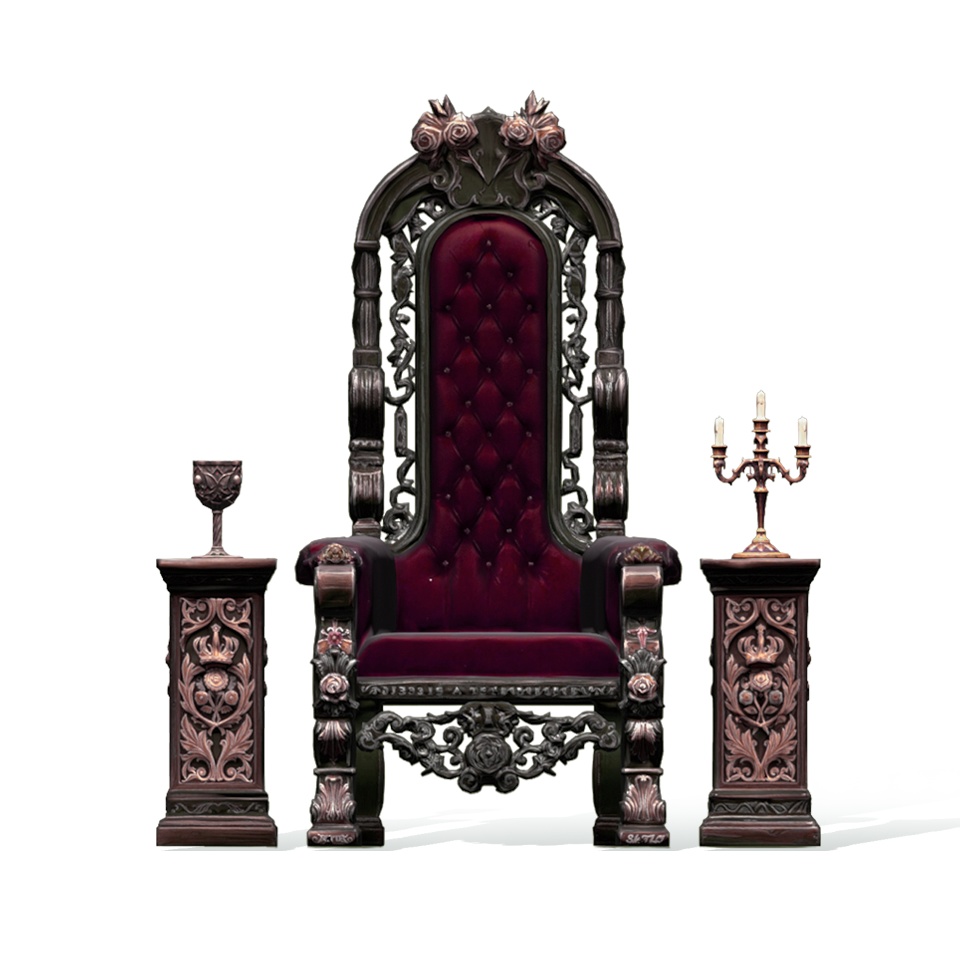 【3Dモデル】孤独な城主の玉座 -アンティークチェア(赤・紫)&杯・燭台セット-