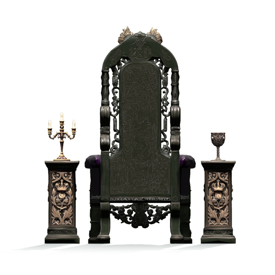 【3Dモデル】孤独な城主の玉座 -アンティークチェア(赤・紫)&杯・燭台セット-