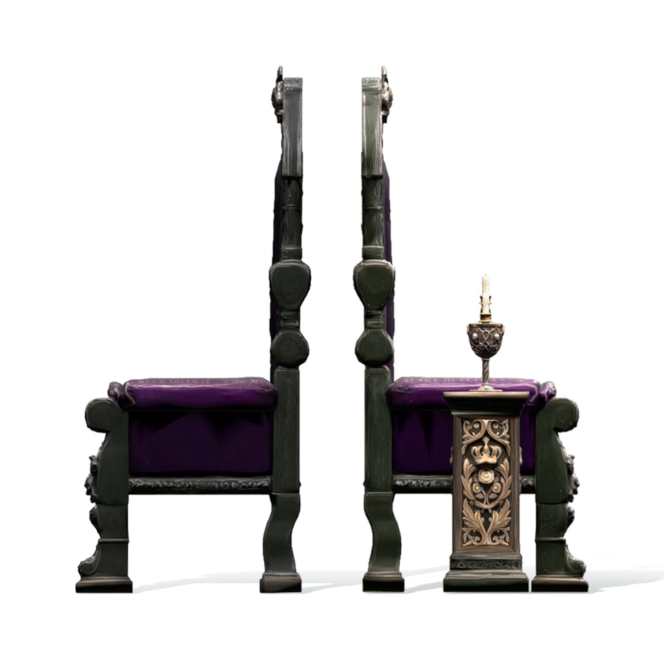 【3Dモデル】孤独な城主の玉座 -アンティークチェア(赤・紫)&杯・燭台セット-