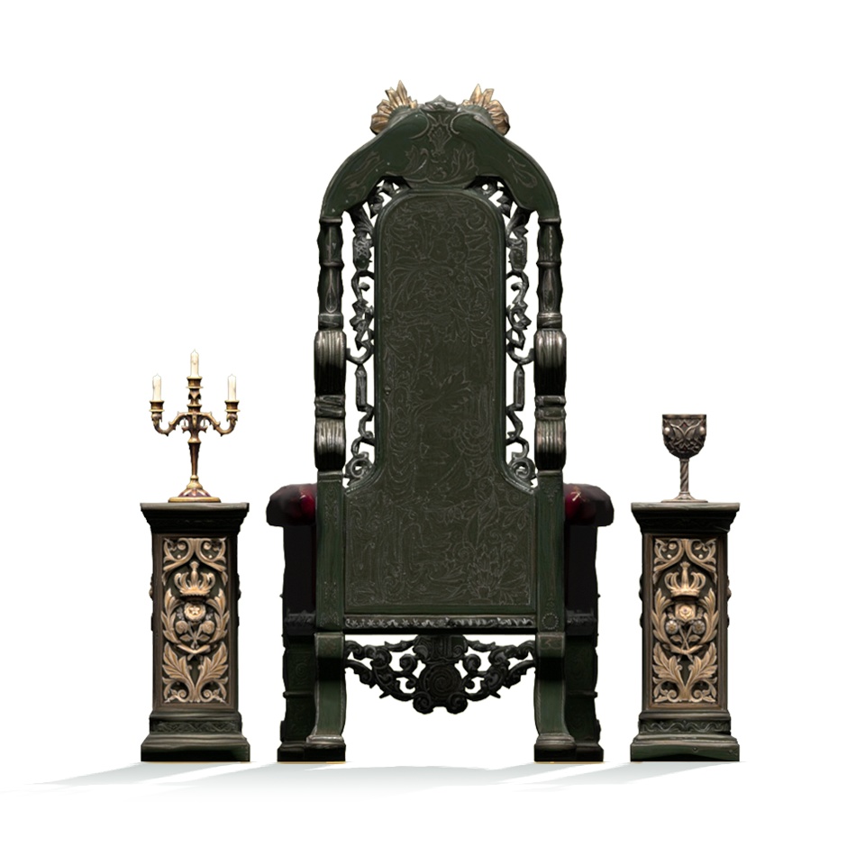 【3Dモデル】孤独な城主の玉座 -アンティークチェア(赤・紫)&杯・燭台セット-