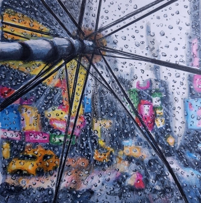 イラスト（ミニ原画）（額装済み）「雨の風景」