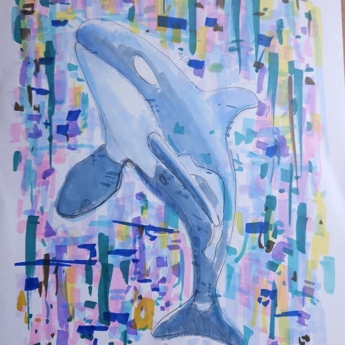 イラスト（ミニ原画）（額装済み）「イルカ」