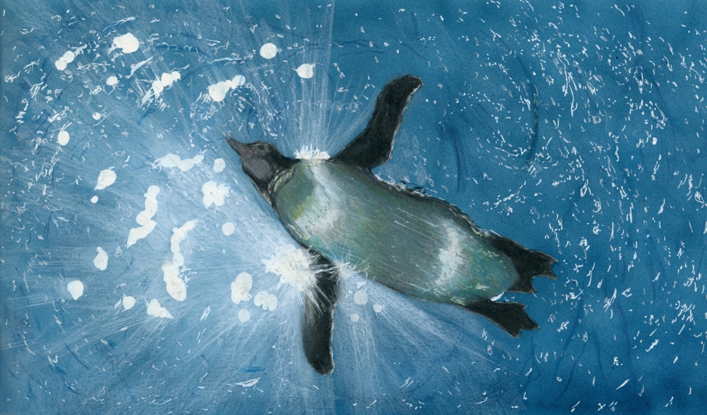 【複製原画】色鉛筆画「空飛ぶペンギン」額装無し