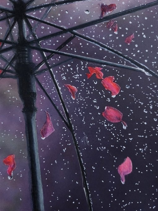 色鉛筆画【原画】雨の紅葉（額装無し）