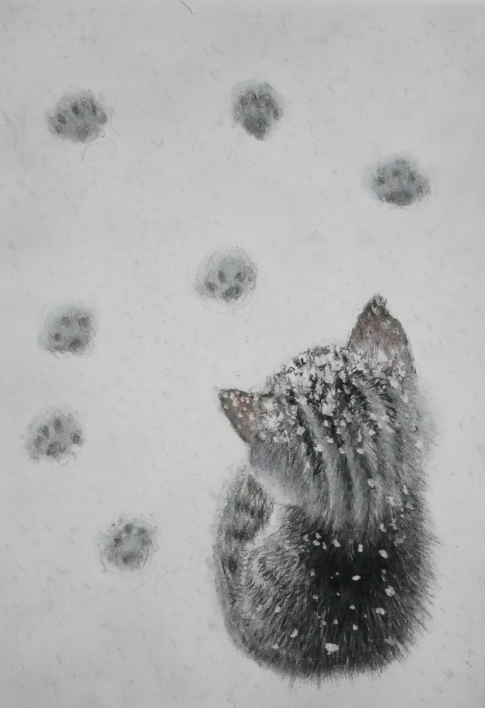 【期間限定受注販売】色鉛筆画【複製原画】雪を初めて見た猫（額装無し）
