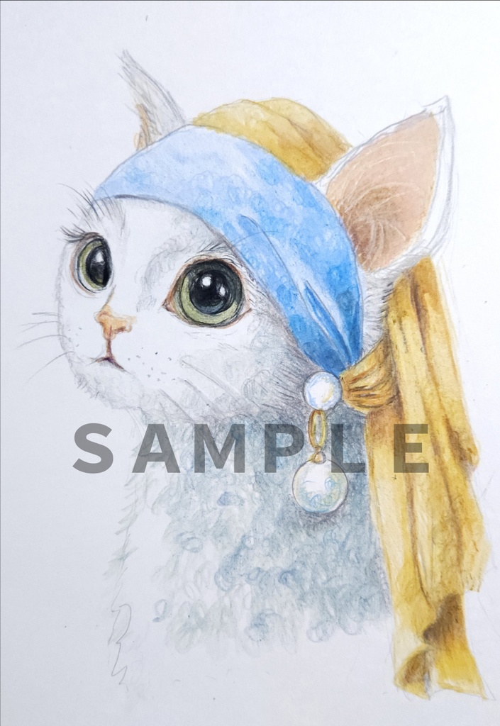 【ぬり絵線画】ニャルメールの真珠の耳飾りの猫