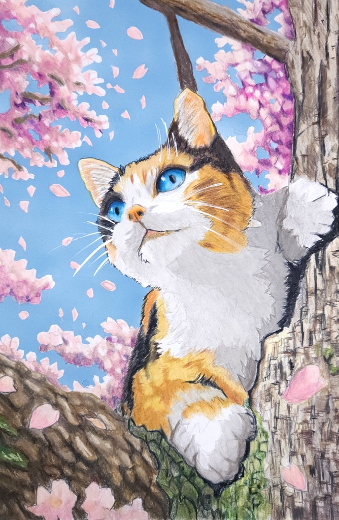 【原画】色鉛筆画「桜と猫」額装無し