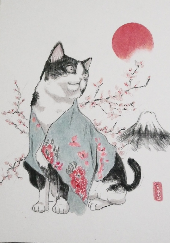 【ミニ原画】色鉛筆画「猫と桜（和）」