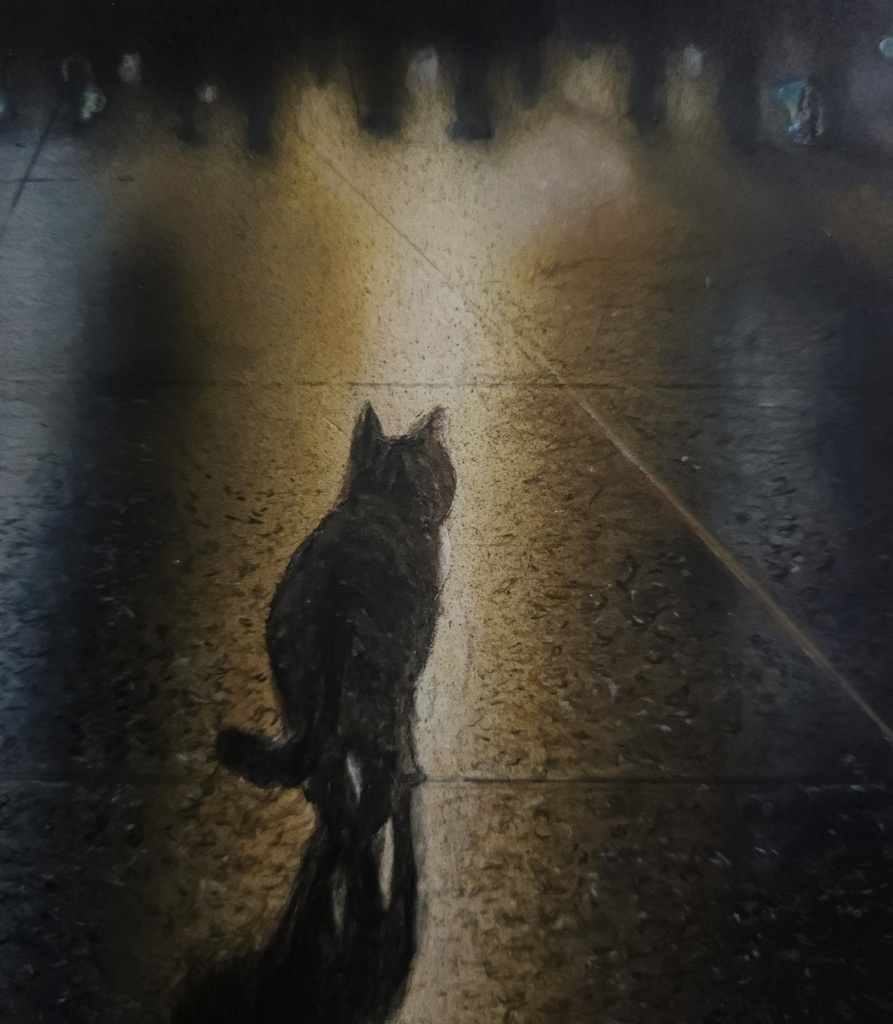 【複製原画】色鉛筆画「夜の繁華街の猫」A5サイズ額装無