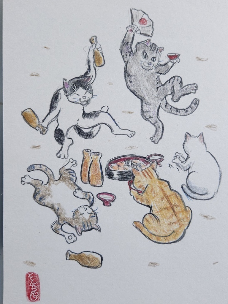 【ミニ原画】色鉛筆画「猫の宴会（和風）」額装無し