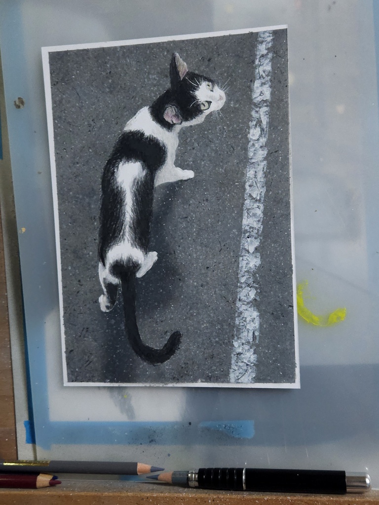 【ミニ原画】色鉛筆画「 猫と散歩」額装無し