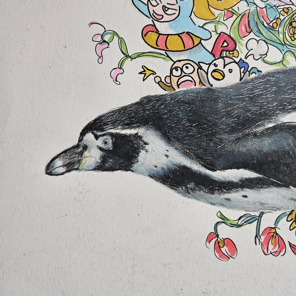 【複製原画』色鉛筆画 「ペンギンとゆかいな仲間達」額装無