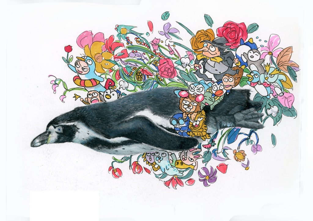 【複製原画』色鉛筆画 「ペンギンとゆかいな仲間達」額装無
