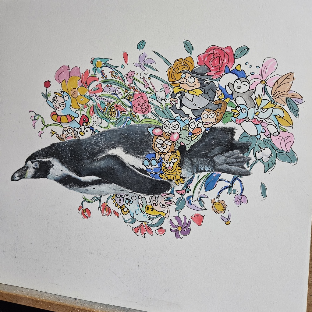 【複製原画』色鉛筆画 「ペンギンとゆかいな仲間達」額装無