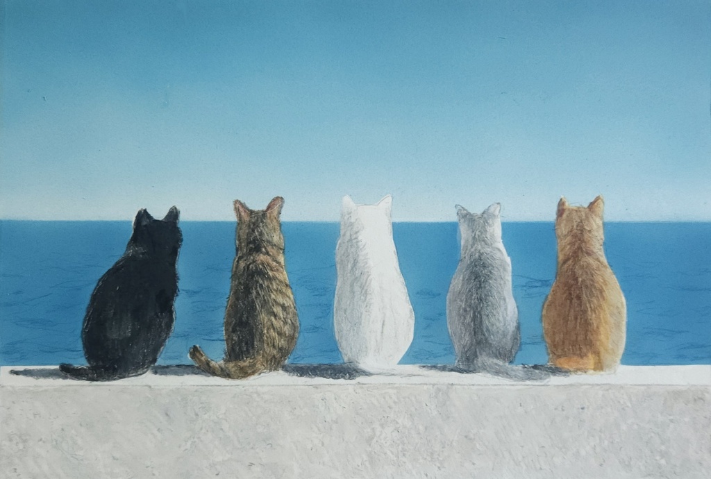 【複製原画】色鉛筆画「海を眺める猫たち」A5サイズ額装無