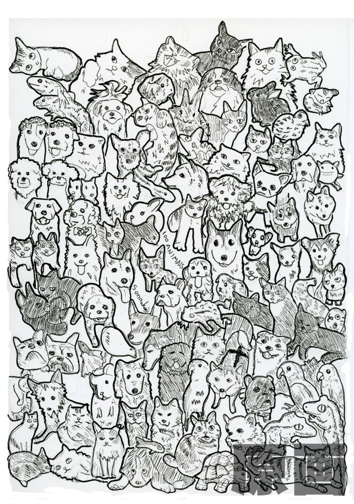 【イラスト原画】「100 ANIMALS」（100匹のペットたち）額装無し