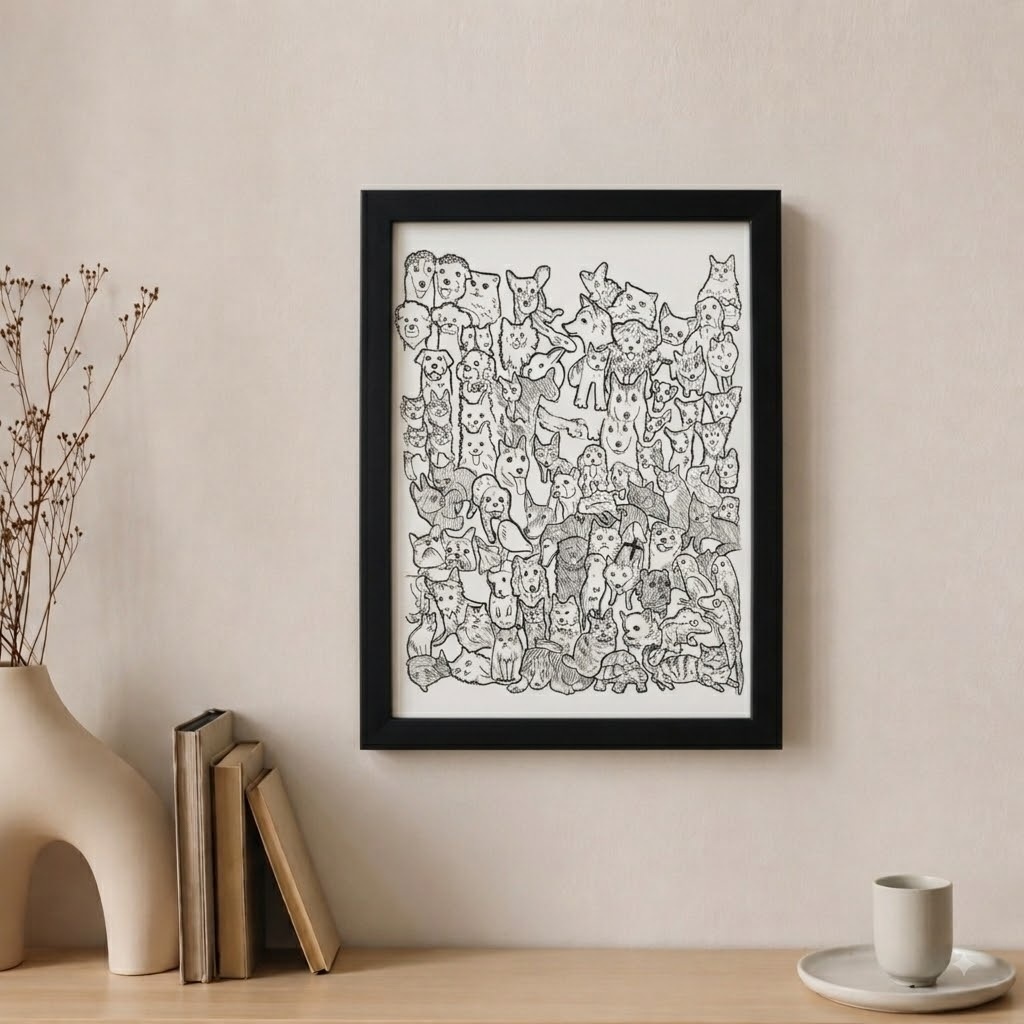 【イラスト原画】「100 ANIMALS」(100匹のペットたち)額装無し