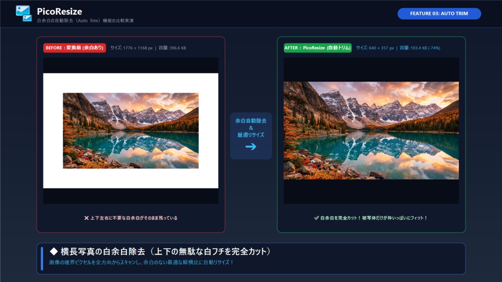 PicoResize - 白余白の自動除去 × 縦横比自動判定 × 目標MB圧縮!完全ローカル動作の高速一括リサイズツール【Windows】