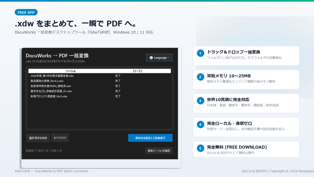 XdwToPdf ― DocuWorks文書を一括で高速PDF変換するデスクトップアプリ【Windows / 無料】