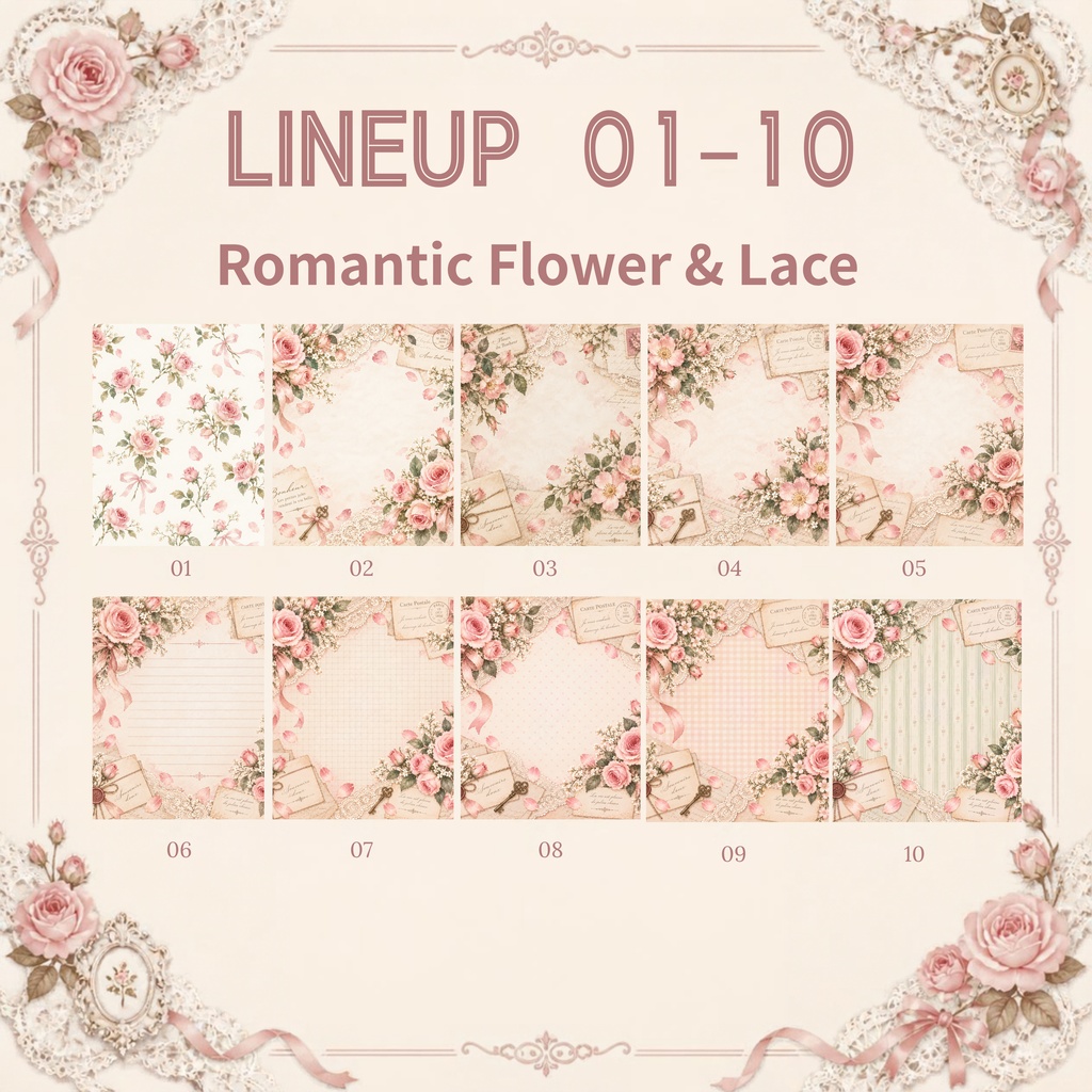 大人かわいい Romantic Flower & Lace デジタルペーパー20枚セット|ローズ・レース・アンティーク|3600×3600px PNG素材
