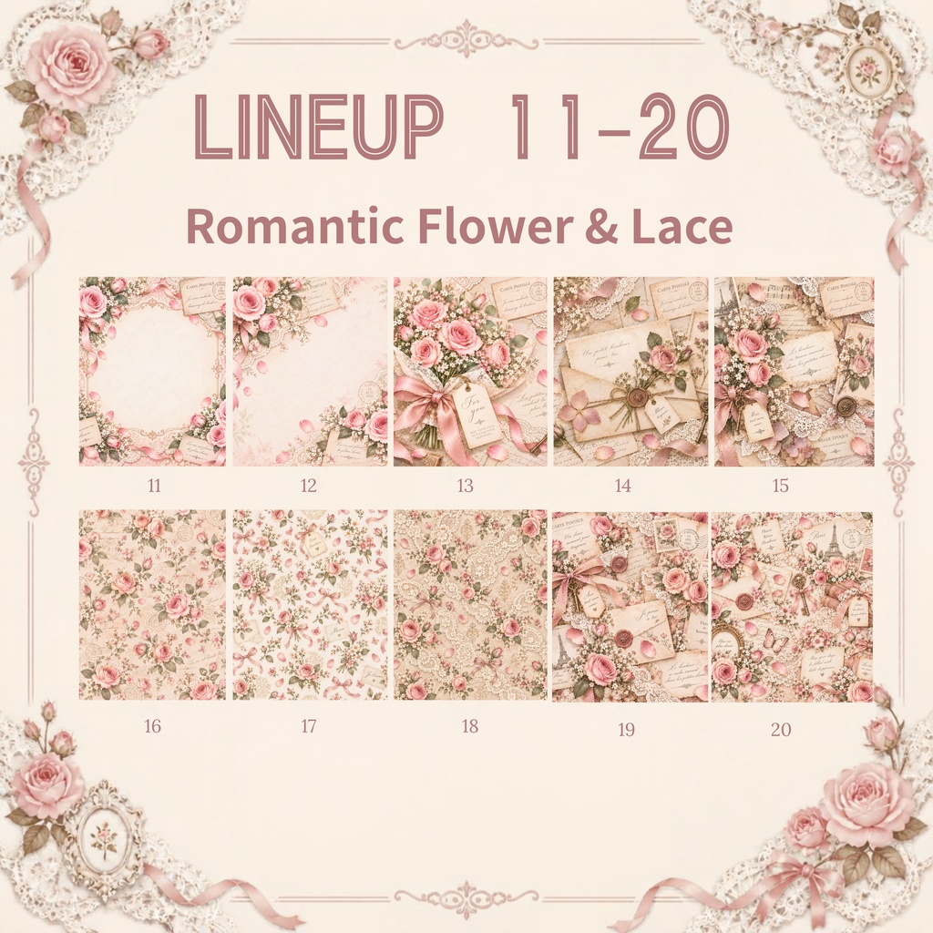 大人かわいい Romantic Flower & Lace デジタルペーパー20枚セット|ローズ・レース・アンティーク|3600×3600px PNG素材