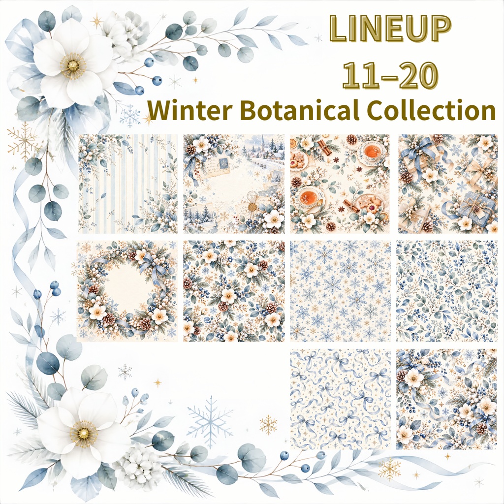 大人かわいい Winter Botanical デジタルペーパー20枚セット|冬・雪・ボタニカル|3600×3600px PNG素材