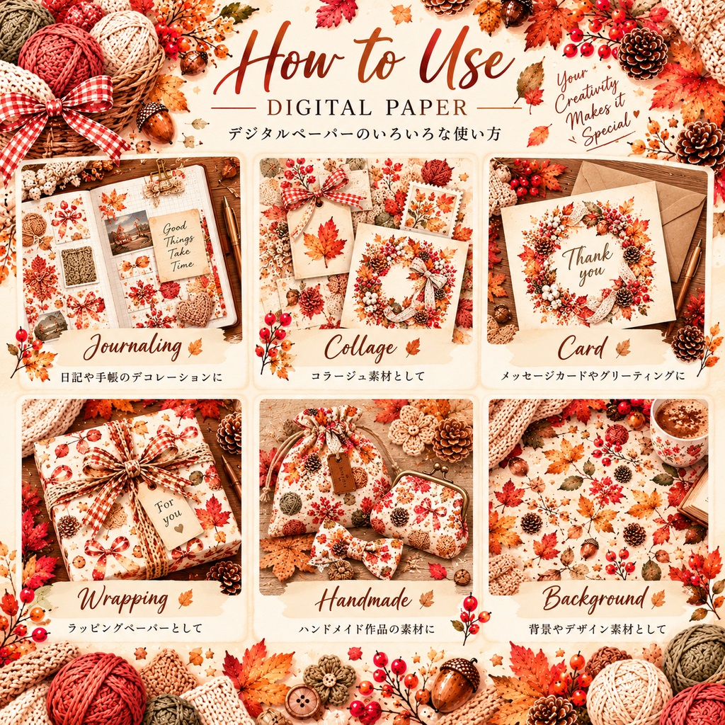 大人かわいい Cozy Autumn & Knit デジタルペーパー20枚セット|秋・ニット・紅葉|3600×3600px PNG素材