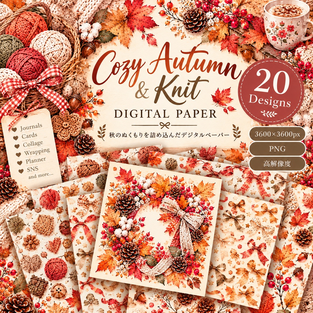 大人かわいい Cozy Autumn & Knit デジタルペーパー20枚セット｜秋・ニット・紅葉｜3600×3600px PNG素材
