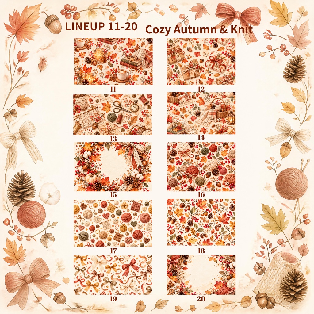 大人かわいい Cozy Autumn & Knit デジタルペーパー20枚セット|秋・ニット・紅葉|3600×3600px PNG素材