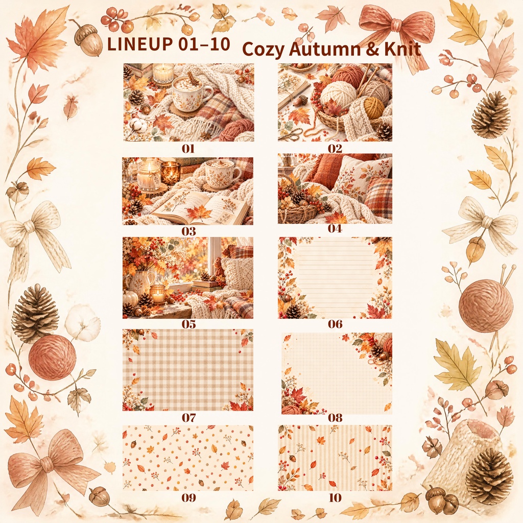 大人かわいい Cozy Autumn & Knit デジタルペーパー20枚セット|秋・ニット・紅葉|3600×3600px PNG素材