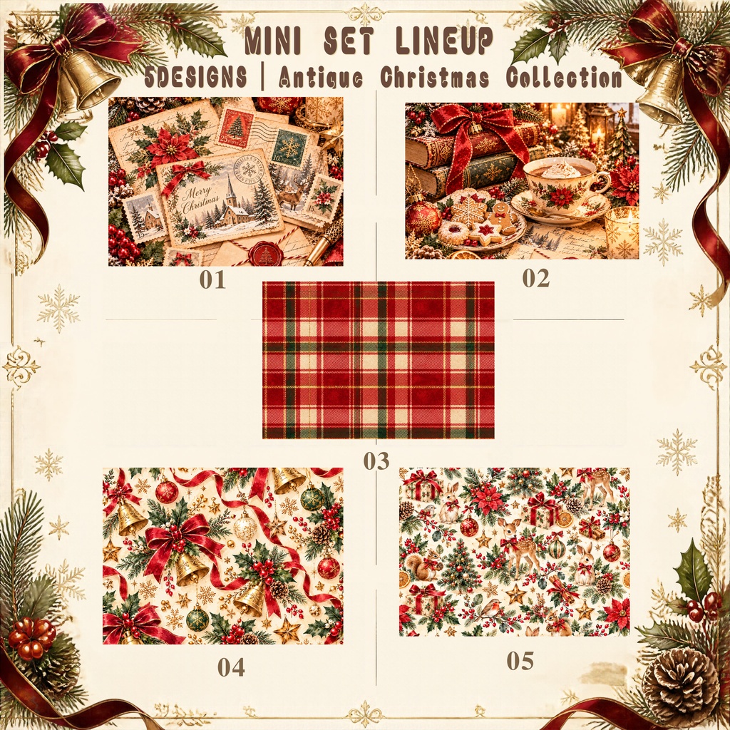 Antique Christmas ミニセット5枚|大人かわいいアンティーク・クリスマス|3600×3600px PNG素材