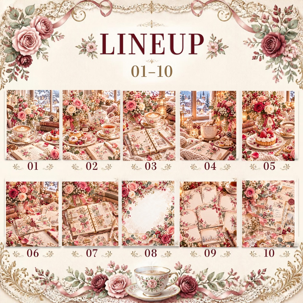 大人かわいい Winter Flower & Café デジタルペーパー20枚セット|冬カフェ・花柄・手帳|3600×3600px PNG素材