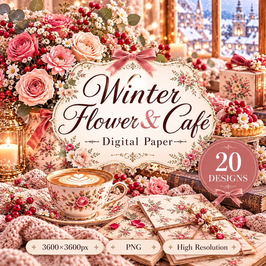 大人かわいい Winter Flower & Café デジタルペーパー20枚セット|冬カフェ・花柄・手帳|3600×3600px PNG素材