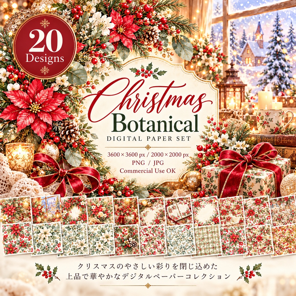 大人かわいい Christmas Botanical デジタルペーパー20枚セット｜クリスマス・花柄・ボタニカル｜3600×3600px PNG素材