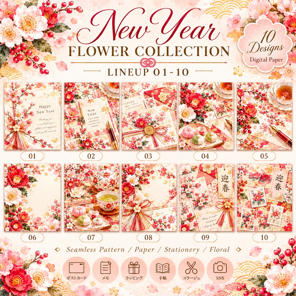 大人かわいい New Year Flower デジタルペーパー20枚セット|お正月・和花・和モダン|3600×3600px PNG素材