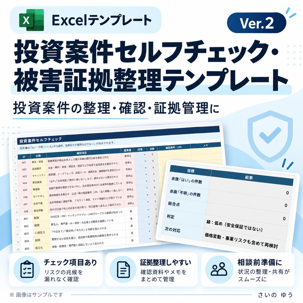 投資案件セルフチェック&被害証拠整理テンプレート|Excel版